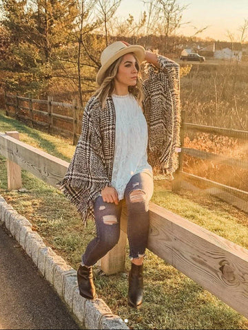 Black And White Houndstooth Poncho - Shopmossrose